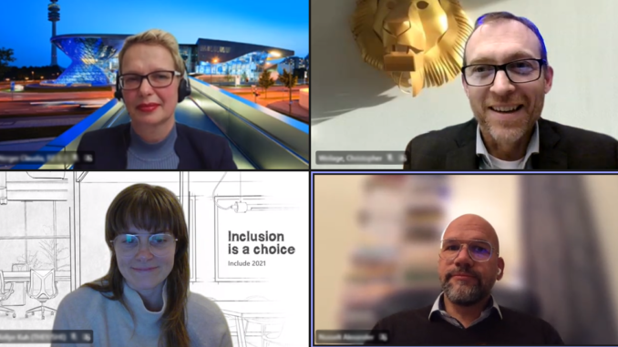 Munich Business School: Roundtable Discussion Diversity, Equity and Inclusion Panelists Claudia Nerger, Kellye Kuh and Alexander Nusselt as well as host Christopher Weilage during the online panel at Munich Business School
